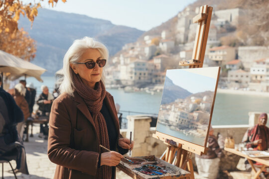 The concept of active aging. An energetic elderly woman, a freelance artist paints an urban landscape against the background of mountains and rivers and leads an active lifestyle. 