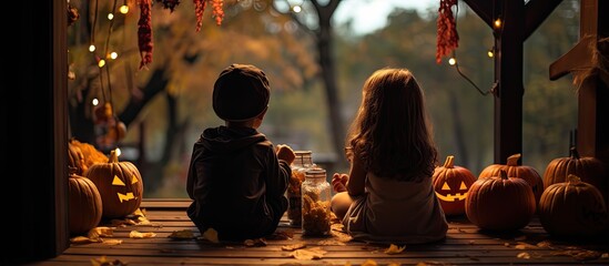 Children on porch admiring Halloween candy With copyspace for text
