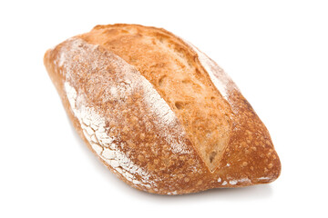 Whole loaf of freshly baked bread isolated on white background. Craft bread.	