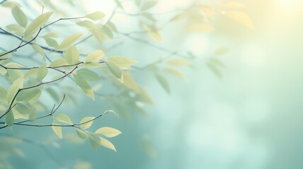 Soft spring leaves and twigs background with soft sunlight created with Generative AI