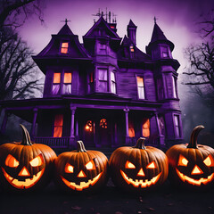 Fototapeta na wymiar halloween background with pumpkin and house