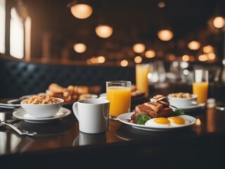 minimalist breakfast table with orange juice, pancake, egg etc.  - obrazy, fototapety, plakaty