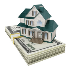 House standing on lots of 100 dollar bills. Transparent background.3D illustration