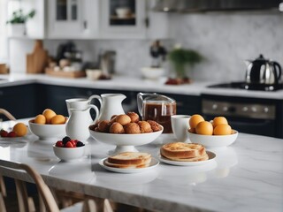Fototapeta na wymiar minimalist breakfast table with orange juice, pancake, egg etc. 