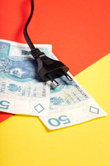 cable with plug, Polish zloty banknotes and watch lying on yellow-red background (selective focus)