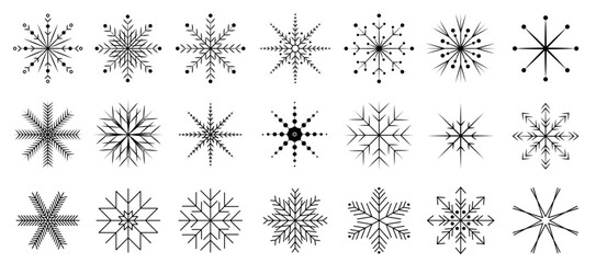 Christmas set simple snowflake icons collection isolated on the black background. 10eps, for presentation, web design.