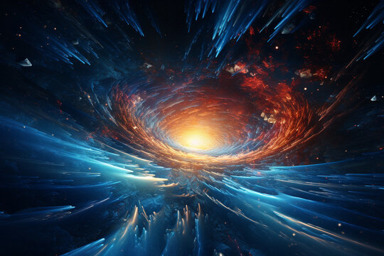 A spacecraft hurtling through a time tunnel, surrounded by streaks of light and distorted star fields, depicting the journey through space-time Generative AI