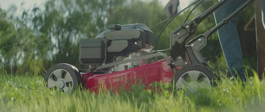 Side view of a man starting a lawnmower in his garden and pushing it forward for cutting green grass. Shot in slow-motion