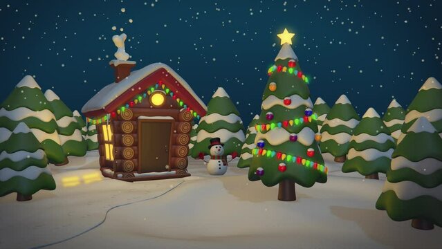 Christmas Cabin and a snowman in a 3D animation