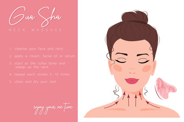 Infographic of gua sha facial yoga neck massage. Direction for jade roller. Acupuncture anti-aging traditional chinese medicine self care method with rose quartz stone.
