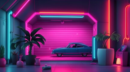 Garage Retro Neon Glowing Lights Wallpaper 
