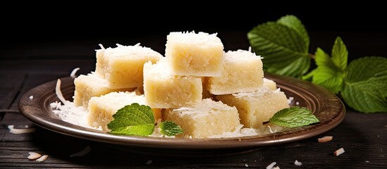 Coconut barfi is a popular Indian festival sweet from Maharashtra With copyspace for text