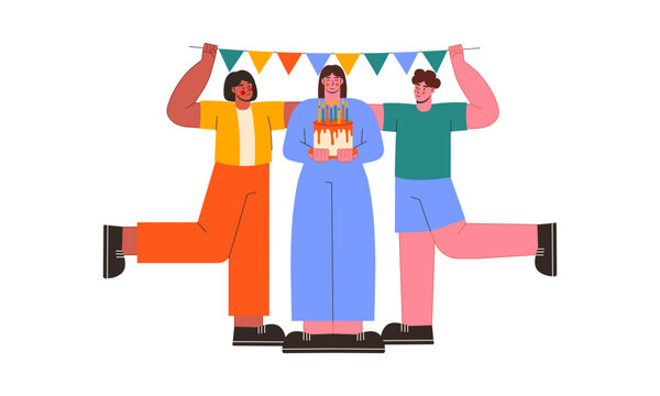 People celebrating birthday and holding party cake with candles. Colleagues having party vector flat illustration.