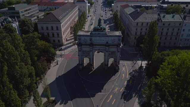 Perfect aerial top view flightdrone Victory Gate old street town Munich Germany 