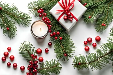 christmas decorations and candles on a white background

