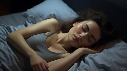Beautiful young woman sleeping in bed at night, AI Generative.