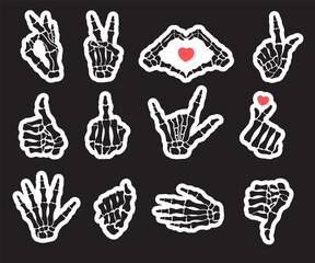 Different hand gestures, set. Like sign, go to hell, fist, peace sign, love, rock and roll. Human bones, skeleton hand.