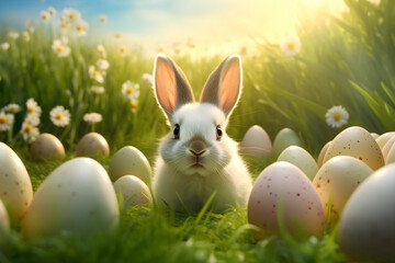 a rabbit in a grassy meadow with white eggs laying in the green grass