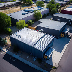 aerial view of self storage facility with multiple buildings, metal panel with painted stucco, glazing at the office with a canopy