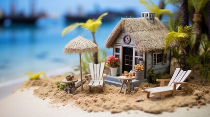 a charming beachfront cottage with a thatched roof, miniature beach chairs, and a tiny boat. Use sand or small pebbles for a realistic beach setting. - Powered by Adobe
