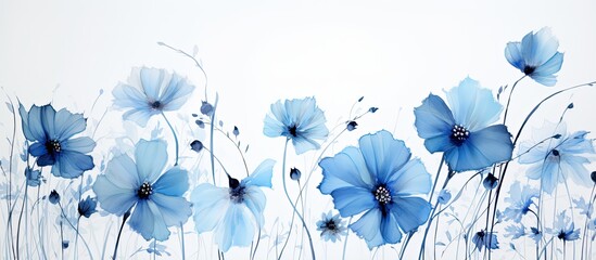 Blue flowers with paint With copyspace for text - obrazy, fototapety, plakaty