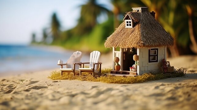 a charming beachfront cottage with a thatched roof, miniature beach chairs, and a tiny boat. Use sand or small pebbles for a realistic beach setting.
