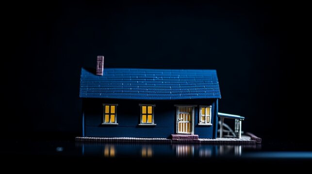 a miniature banglow view infront of isolated dark blue and black contrast on left side with copy space.