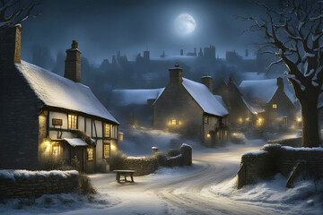 traditional old-fashioned english pub in a snow covered winter village at night with a glowing full moon - obrazy, fototapety, plakaty