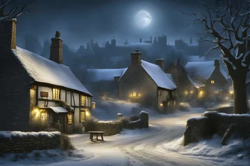 Fotobehang traditional old-fashioned english pub in a snow covered winter village at night with a glowing full moon © Philip J Openshaw 