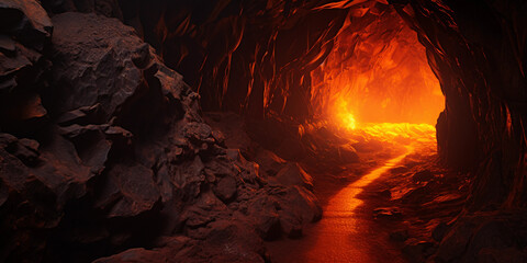 Lava tube cave, rugged black rock, orange ambient glow from a distant lava source