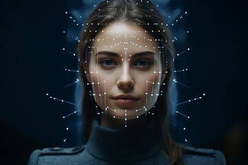 Face recognition technologies. Scanning of the face of a young woman. Biometrics.