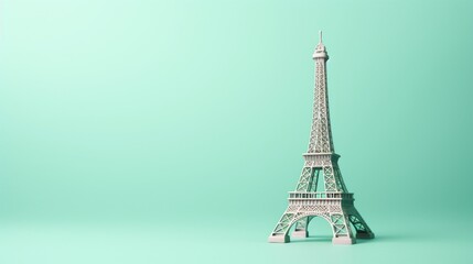 a miniature Eiffel Tower infront of isolated Pale blue and soft mint contrast on right side with copy space.