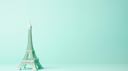 a miniature Eiffel Tower infront of isolated Pale blue and soft mint contrast on right side with copy space.