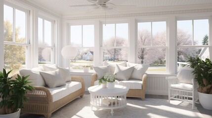 Fototapeta premium Bright and Airy Sunroom with White Ceiling Fan 