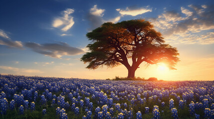 Texas bluebonnets in a field, golden hour, lone oak tree in background - obrazy, fototapety, plakaty
