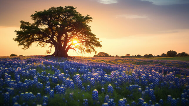 Texas bluebonnets in a field, golden hour, lone oak tree in background