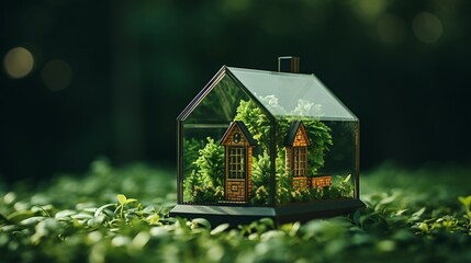 a miniature green house infront of isolated Forest green and earthy brown contrast on left side with copy space.
