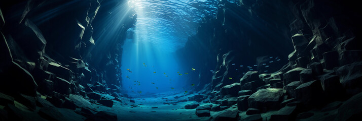 Underwater cave, schools of tropical fish, mysterious darkness in the depths - obrazy, fototapety, plakaty