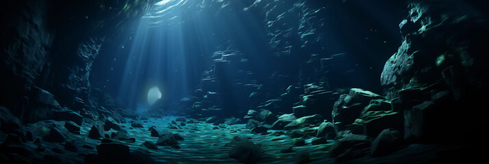 Underwater cave, schools of tropical fish, mysterious darkness in the depths