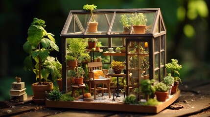 Fototapeta na wymiar a miniature greenhouse with glass panels, potted plants, and gardening tools. Add tiny benches for a relaxing touch.