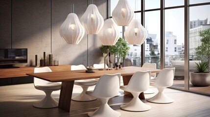Chic Dining Area with White Pendant Lamps