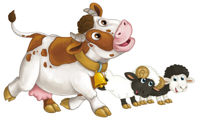cartoon scene with happy farm animal cow looking and smiling and two sheep friends isolated illustration for children