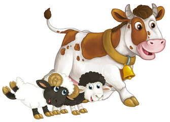 cartoon scene with happy farm animal cow looking and smiling and two sheep friends isolated illustration for children