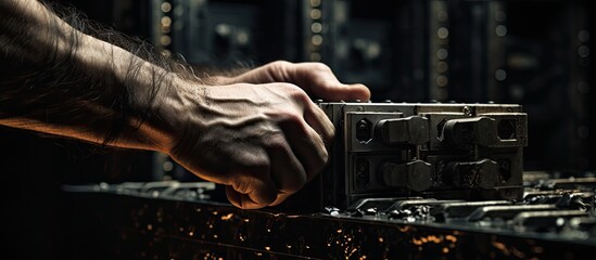 Close up of a man s hand holding a hammer at a data server With copyspace for text - obrazy, fototapety, plakaty