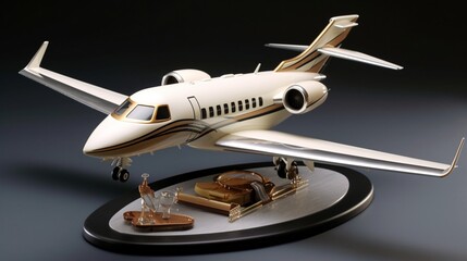 a miniature private jet with realistic wings, sleek fuselage, and attention to the jet engines. Consider a diorama setting with a runway.