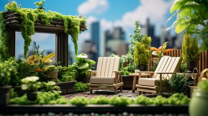a miniature rooftop garden with lush greenery, lounge chairs, and a small fountain. - Powered by Adobe