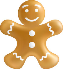 Gingerbread Man. 3d icon of light brown gingerbread man with white icing isolated on white background. Christmas treats. Xmas symbol. Cartoon Design Holidays Decoration. Stock 3D Vector Illustration