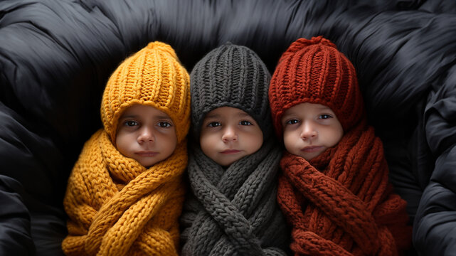 S&uuml;&szlig;e Kleinkinder Mehrlinge mit bunten Strickm&uuml;tzen und Strick Kleidung eingekuschelt schauen in die Kamera, ai generativ