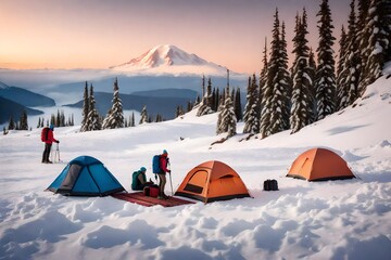 A photorealistic 3D rendering of a winter backcountry camping scene at Mount Baker.