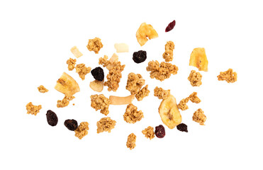 creative layout made of granola isolated on white background, flat lay of muesli pile, healthy eating concept